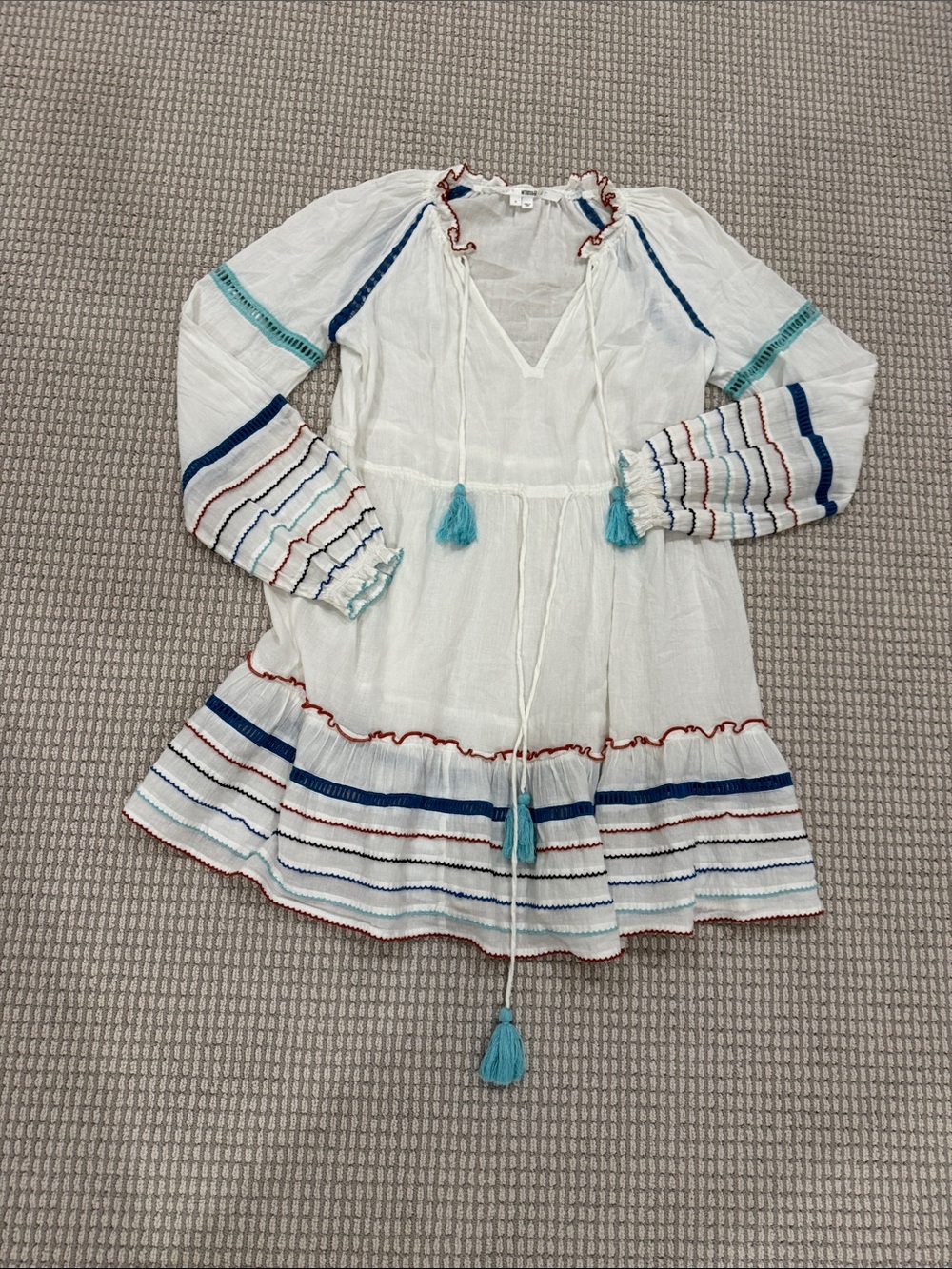 Veronica Beard White Boho Tassel Swim Coverup with Blue & Teal Accents